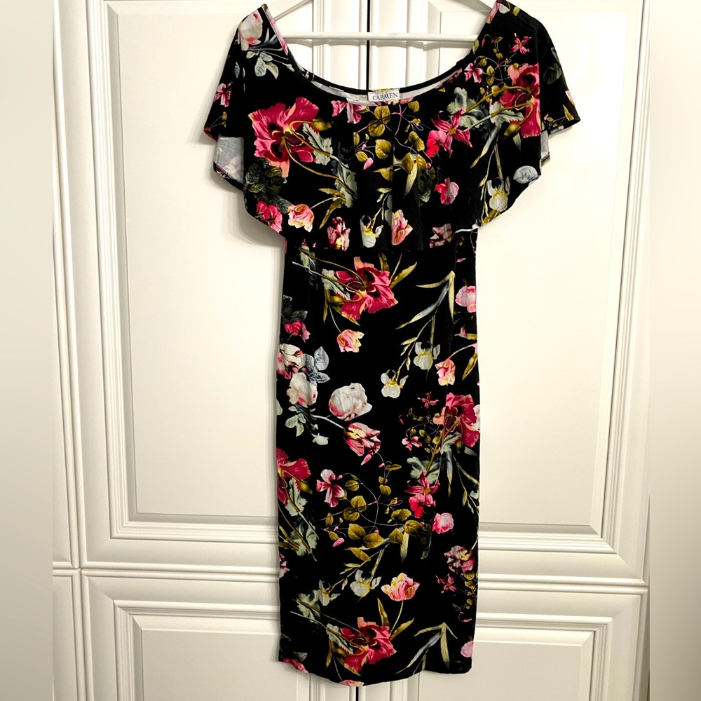 Carmen Marc Valvo Sz XS Black w/Pink, White Florals Midi Dress Scoop Ruffle Neck